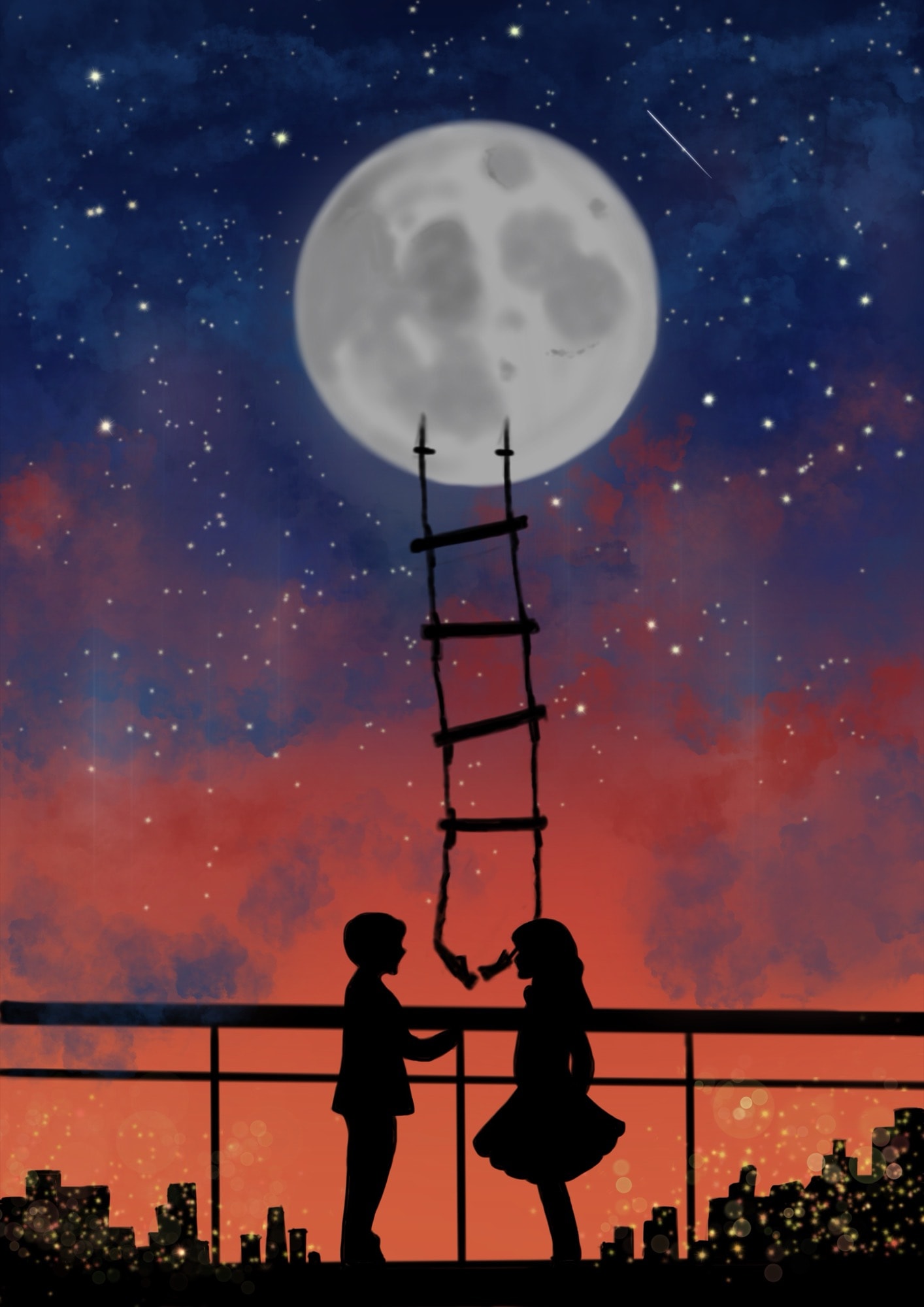 A painting of two figures on a rooftop under a full moon.