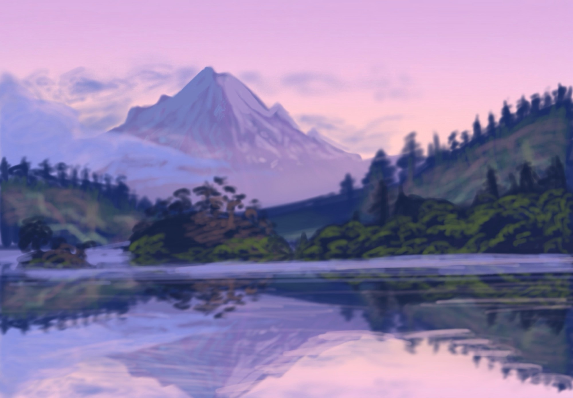 A painted mountain reflected in a still lake.
